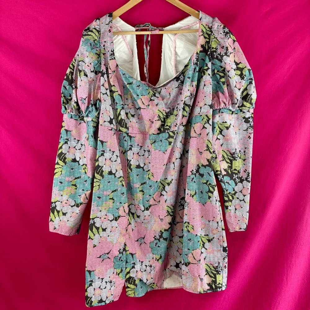 ASOS Curve Puff Sleeve Floral Mini Dress Plus Size 22 Long Sleeve Open Back Tie - Picture 10 of 14